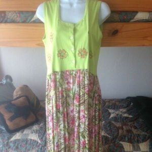 VINTAGE Point One * LIME GREEN & CORAL* Animal & Floral* Flowy MAXI Sundress * S